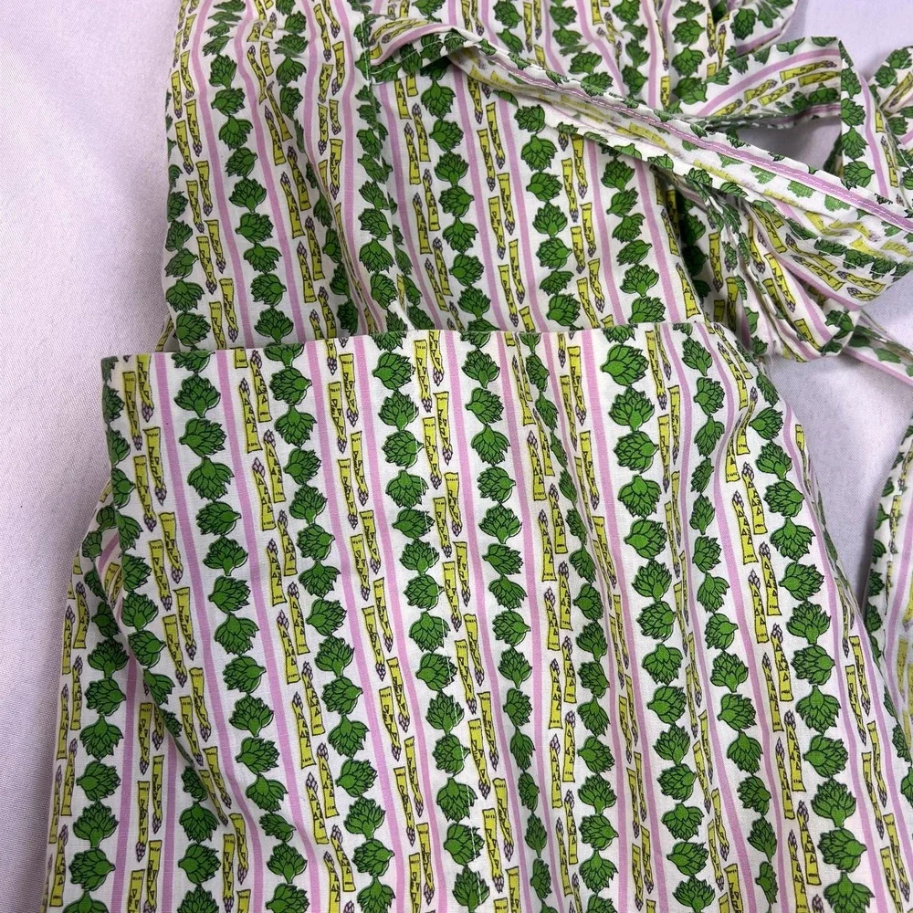 Vintage Grandma Apron Green veggie Print Pink Stripe Full Front Apron w/ Pockets